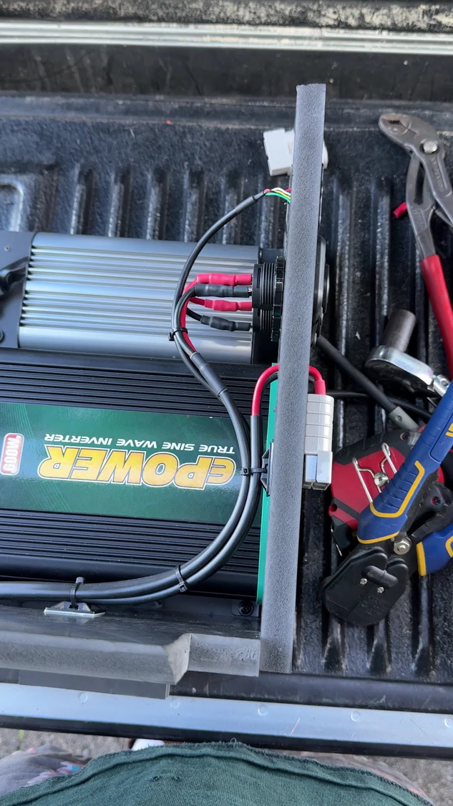 Pure sine inverter mounted and wired into the tray
