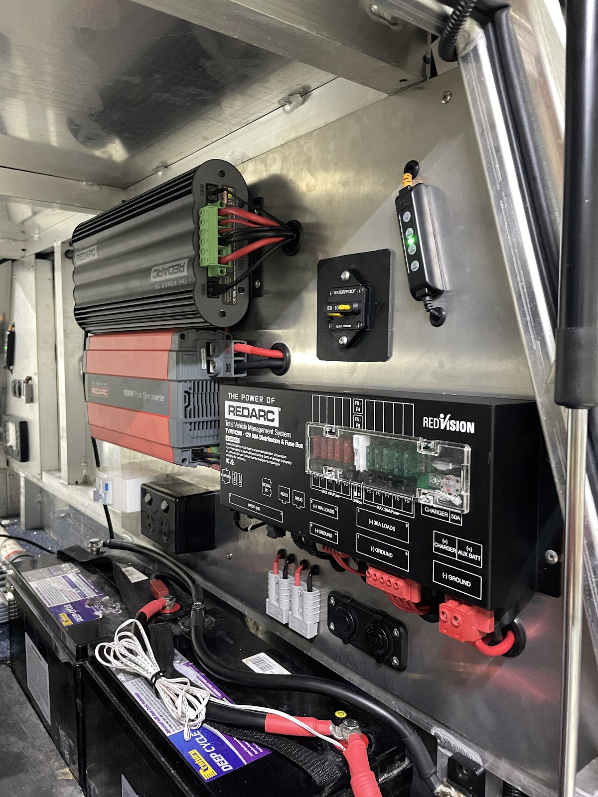 REDARC RedVision, charger and inverter on an aluminium panel